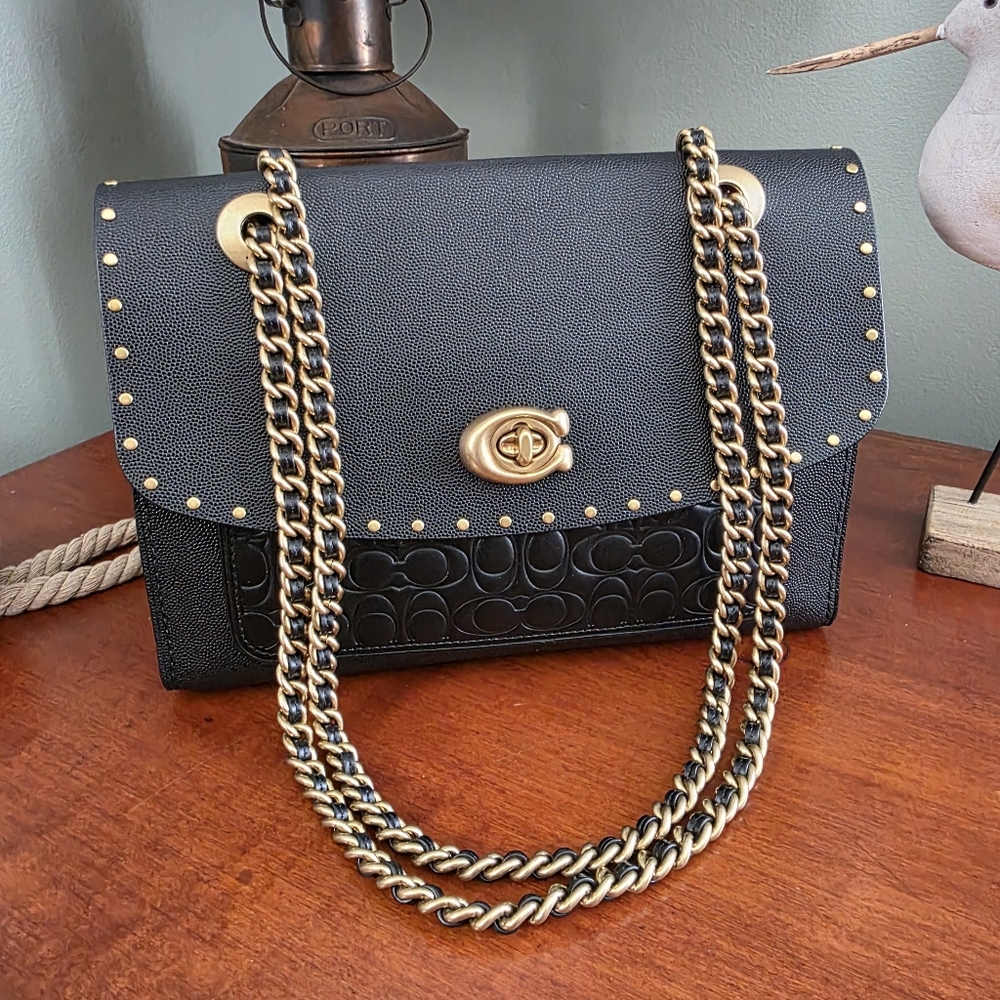 Coach 53344 Parker Black Leather Genuine Snakeskin Rivet Chain Shoulder Bag - Picture 16 of 16